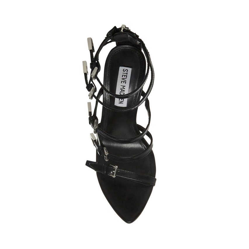 Black Steve Madden Simone Leather Women's Heels Sandals | PH 0235ZQP